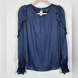 LOFT Midnight Blue Silky Ruffle Blouse. Size medium